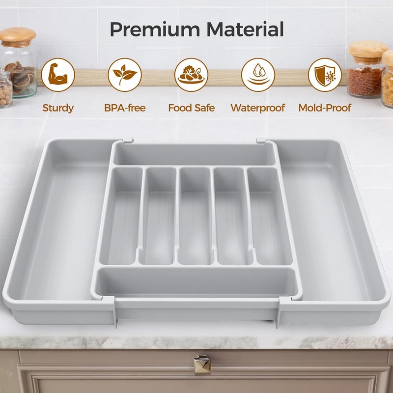 ukeetap Extra Large Expandable Silverware Organizer, BPA-Free Food-Safe Cutlery Flatware Organizer, Kitchen Utensil Drawer Organizer, Adjustable Silverware Holder for Spoons Forks Knives, Gray - Image 4